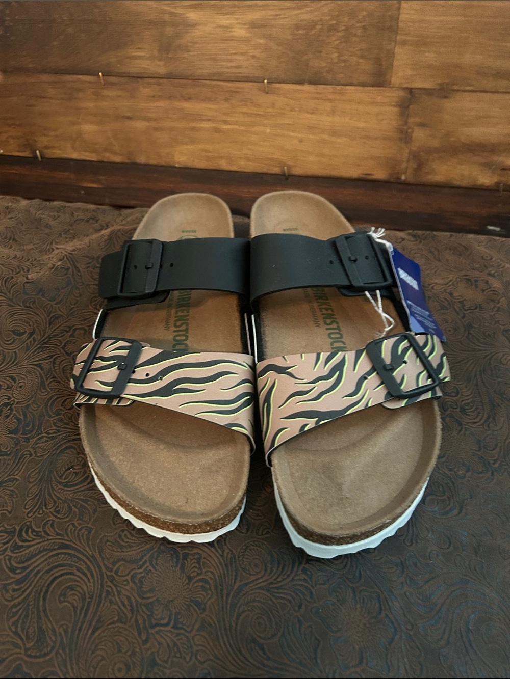 Birkenstock Two-Buckle Slides with Black and Tan Zebra Straps